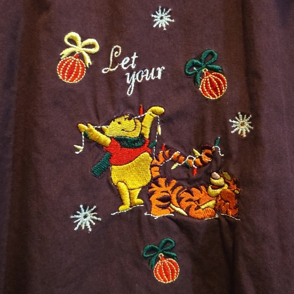 Disney Winnie The Pooh Embroidered Christmas Button Down Maroon Blouse size XL - Picture 3 of 9